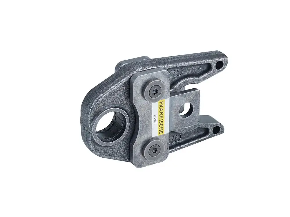 Pressbacke aus Metall mit einem grauen Finish, hergestellt von Fränkische. Das Produkt zeigt eine Verbindungselement mit zwei Schrauben und einer kreisförmigen Öffnung.